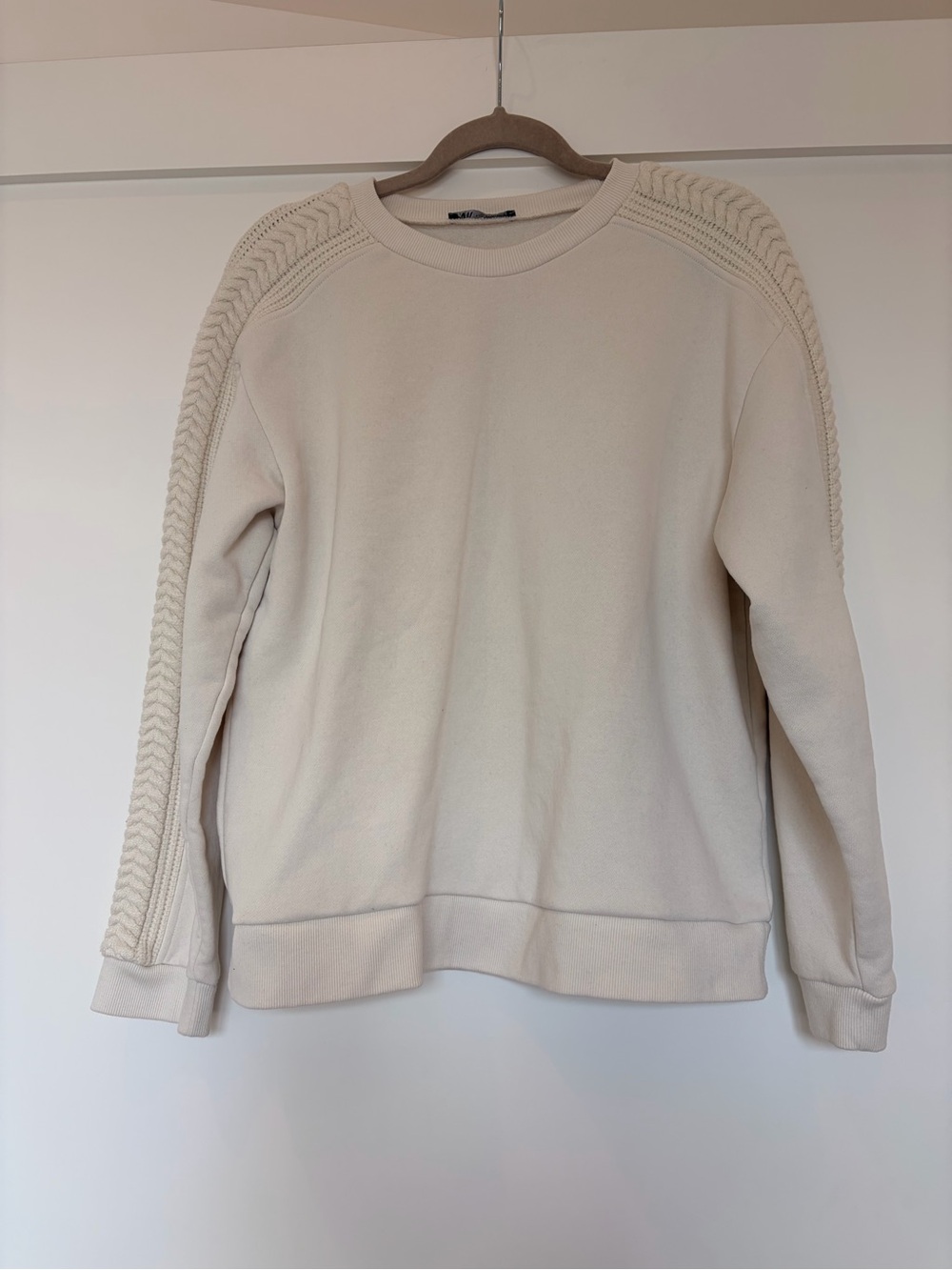 Zara Cream Crewneck Sweater with Braided Sleeve Detail